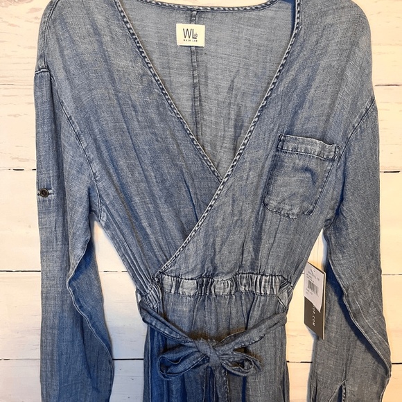 WASH LAB DENIM Women's Crossover Faux Wrap Denim Midi Dress - Picture 2 of 6